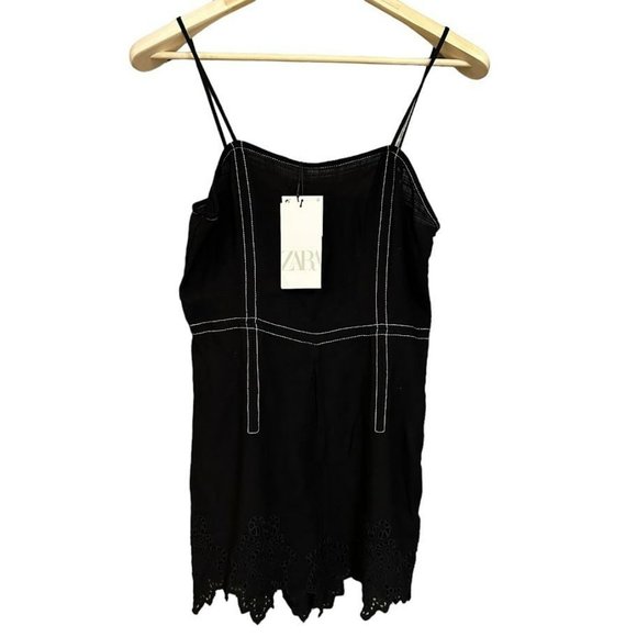 New with Tags Zara Black Viscose Eyelet Hem Mini Romper Womens S‎ - Picture 1 of 5
